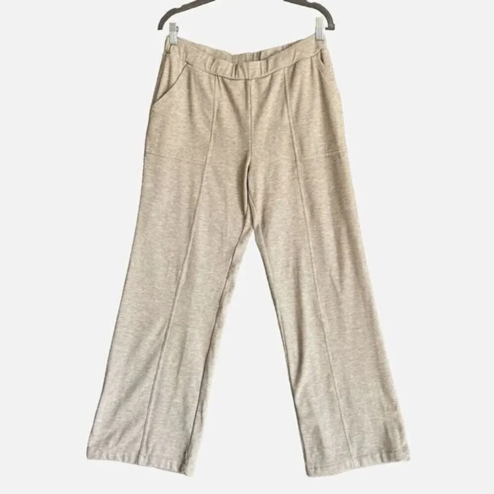 EVEREVE Womens L Beige Mini Rib Lounge Pants Sweatpants Pull-On Wide Leg Pockets